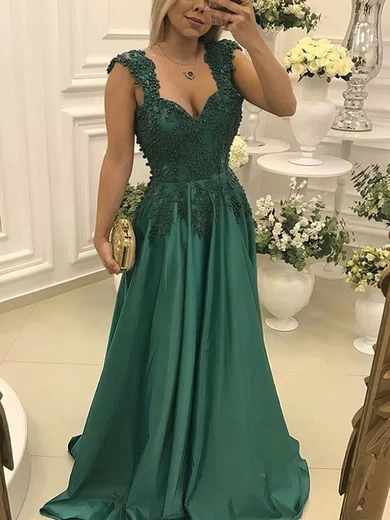 A-line V-neck Satin Sweep Train Appliques Lace Prom Dresses #Milly020105170