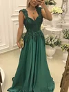 A-line V-neck Satin Sweep Train Appliques Lace Prom Dresses #Milly020105170