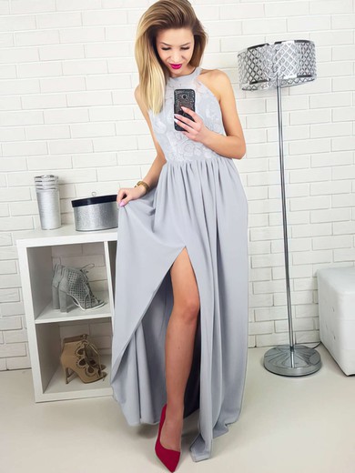 A-line Scoop Neck Lace Silk-like Satin Floor-length Split Front Prom Dresses #Milly020105172
