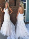 Trumpet/Mermaid V-neck Tulle Sweep Train Appliques Lace Prom Dresses #Milly020105177