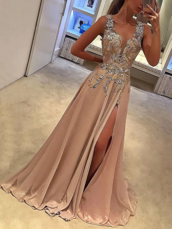 A-line V-neck Silk-like Satin Sweep Train Appliques Lace Prom Dresses Sale #sale020105179