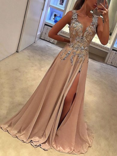 A-line V-neck Silk-like Satin Sweep Train Appliques Lace Prom Dresses #Milly020105179