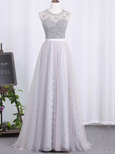 A-line Scoop Neck Lace Tulle Floor-length Beading Prom Dresses #Milly020105181