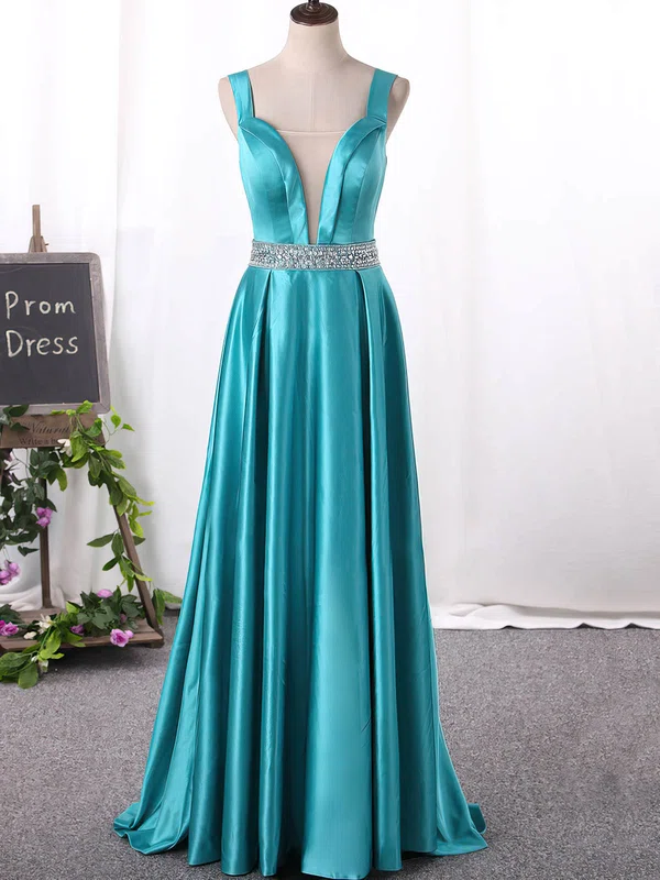 A-line Scoop Neck Satin Floor-length Beading Prom Dresses #Milly020105182