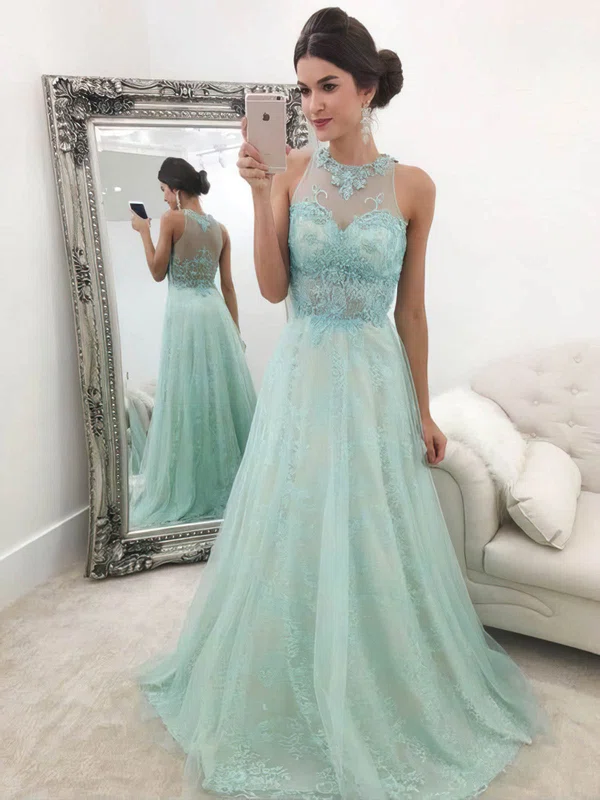 A-line Scoop Neck Lace Tulle Floor-length Beading Prom Dresses #Milly020105183