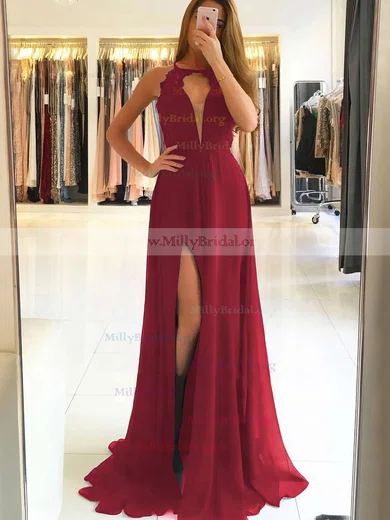 2020 New Arrival High Neck Long Burgundy Prom Dresses A Line Sweep