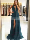 A-line Scoop Neck Chiffon Sweep Train Appliques Lace Prom Dresses #Milly020105184