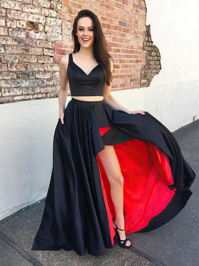 A-line V-neck Satin Floor-length Pockets Prom Dresses #Milly020105189
