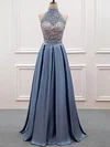 A-line High Neck Lace Satin Floor-length Prom Dresses #Milly020105191
