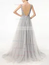 A-line V-neck Tulle Sweep Train Beading Prom Dresses #Milly020105193