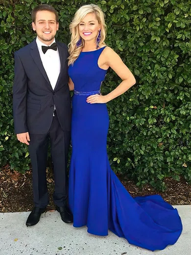 Trumpet/Mermaid Scoop Neck Stretch Crepe Sweep Train Beading Prom Dresses #Milly020105199