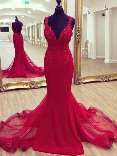 Trumpet/Mermaid V-neck Jersey Sweep Train Beading Prom Dresses #Milly020105204
