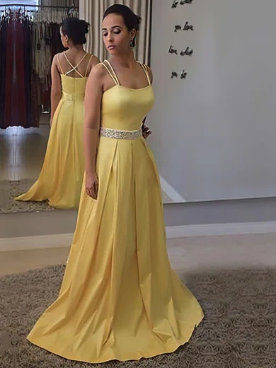 A-line Square Neckline Satin Sweep Train Beading Prom Dresses #Milly020105212