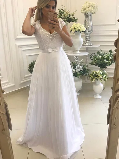 A-line V-neck Lace Tulle Floor-length Sashes / Ribbons Prom Dresses #Milly020105213