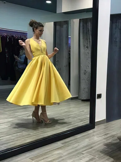 Ball Gown V-neck Satin Ankle-length Prom Dresses #Milly020105219