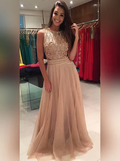 A-line Scoop Neck Tulle Floor-length Beading Prom Dresses #Milly020105220