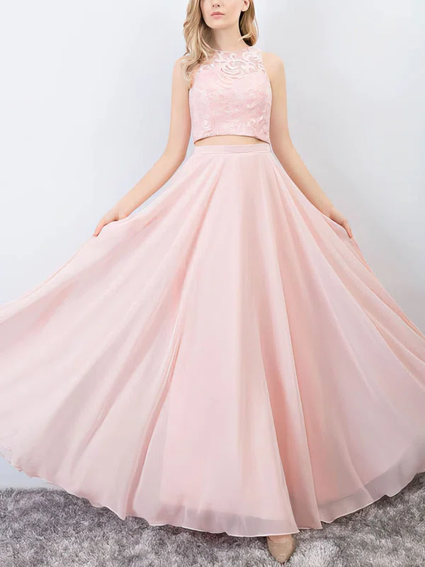 A-line Scoop Neck Lace Chiffon Floor-length Pockets Prom Dresses #Milly020105223