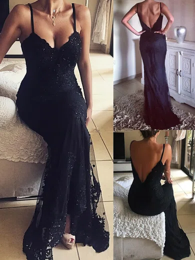 Sheath/Column V-neck Tulle Sweep Train Appliques Lace Prom Dresses #Milly020105235
