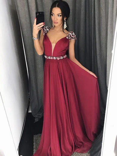 A-line V-neck Chiffon Sweep Train Beading Prom Dresses #Milly020105239