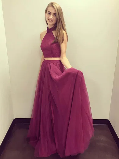 A-line High Neck Tulle Floor-length Beading Prom Dresses #Milly020105242
