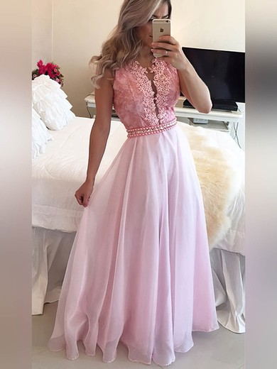 A-line Scoop Neck Chiffon Floor-length Appliques Lace Prom Dresses #Milly020105247
