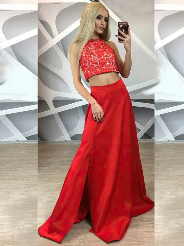 A-line Scoop Neck Lace Satin Floor-length Split Front Prom Dresses #Milly020105258