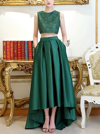 A-line Scoop Neck Lace Satin Asymmetrical Pockets Prom Dresses #Milly020105260