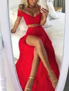 A-line Off-the-shoulder Silk-like Satin Floor-length Split Front Prom Dresses Sale #sale020105268