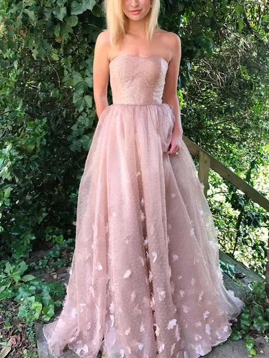 A-line Strapless Tulle 3D Floral Prom Dresses With Beading #Milly020105270