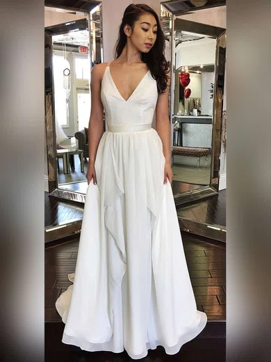 A-line V-neck Chiffon Sweep Train Sashes / Ribbons Prom Dresses #Milly020105276