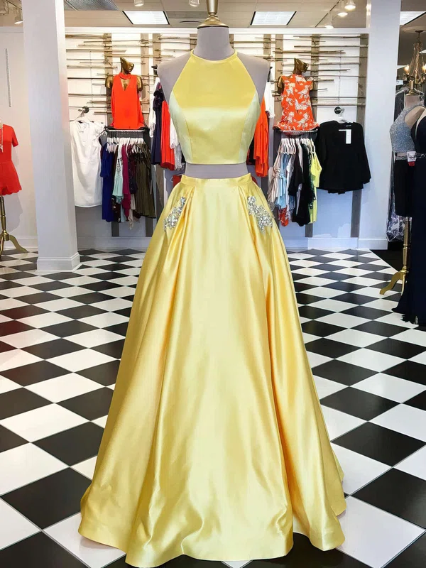 Princess Scoop Neck Satin Floor-length Beading Prom Dresses #Milly020105278
