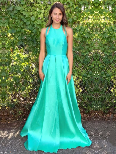 A-line Scoop Neck Satin Floor-length Split Front Prom Dresses #Milly020105293