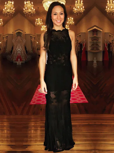 Sheath/Column Scalloped Neck Lace Floor-length Appliques Lace Prom Dresses #Milly020105298