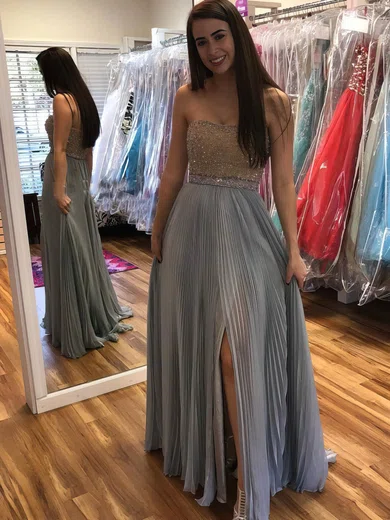 A-line Strapless Chiffon Floor-length Beading Prom Dresses #Milly020105300