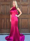 Trumpet/Mermaid High Neck Silk-like Satin Sweep Train Ruffles Prom Dresses #Milly020105306