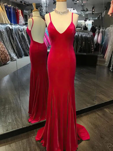 Red Mermaid V-neck Backless Velvet Prom Dresses #Milly020105307