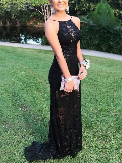 Sheath/Column Scoop Neck Lace Sweep Train Prom Dresses #Milly020105310