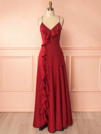 A-line V-neck Silk-like Satin Floor-length Ruffles Prom Dresses #Milly020105324