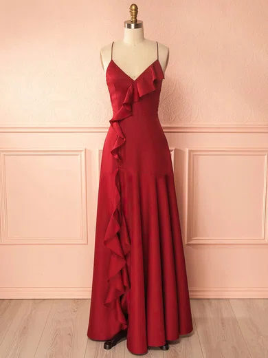 A-line V-neck Satin Prom Dresses With Ruffle #Milly020105324