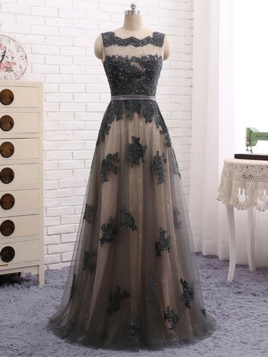 A-line Scalloped Neck Lace Tulle Floor-length Appliques Lace Prom Dresses #Milly020105329