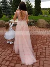 A-line V-neck Tulle Sweep Train Appliques Lace Prom Dresses #Milly020105330