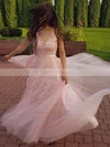 A-line V-neck Tulle Sweep Train Appliques Lace Prom Dresses #Milly020105330
