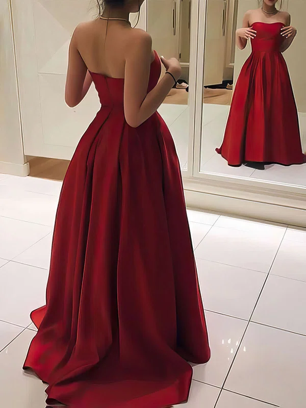 Burgundy Ball Gown Strapless Satin Prom Dresses #Milly020105348