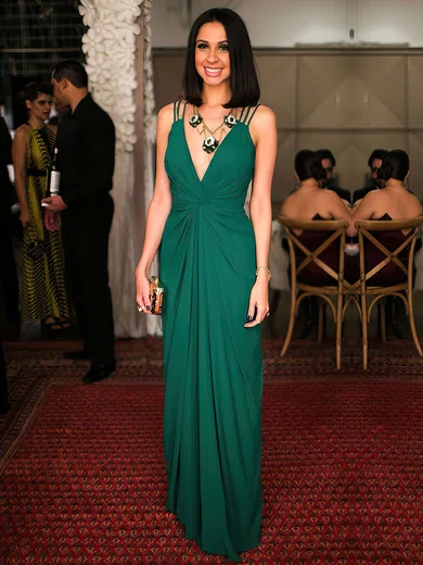 Sheath/Column V-neck Chiffon Floor-length Ruffles Prom Dresses #Milly020105350