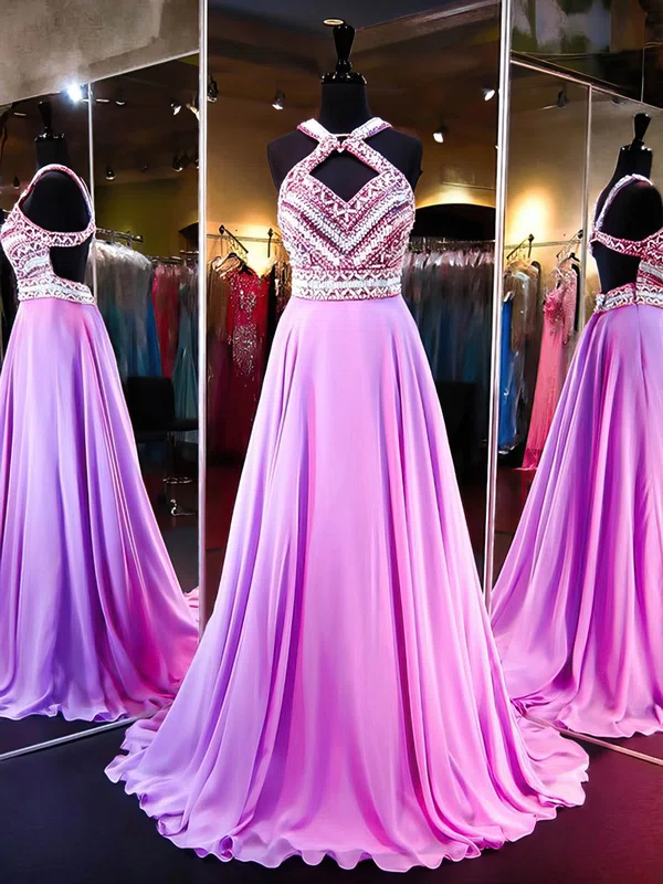 Princess V-neck Chiffon Sweep Train Beading Prom Dresses #Milly020105352
