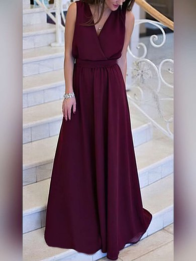 A-line V-neck Chiffon Sweep Train Sashes / Ribbons Prom Dresses #Milly020105360