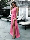 A-line Scoop Neck Chiffon Floor-length Split Front Prom Dresses #Milly020105363