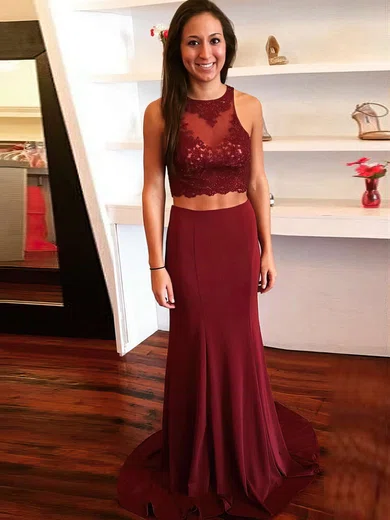 Sheath/Column Scoop Neck Jersey Sweep Train Appliques Lace Prom Dresses #Milly020105364