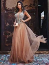 Princess V-neck Tulle Floor-length Beading Prom Dresses #Milly020105367