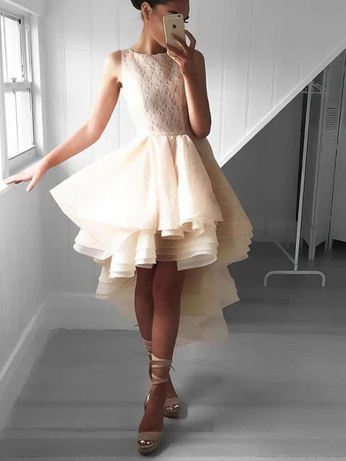 A-line Scoop Neck Lace Asymmetrical Tiered Prom Dresses #Milly020105371